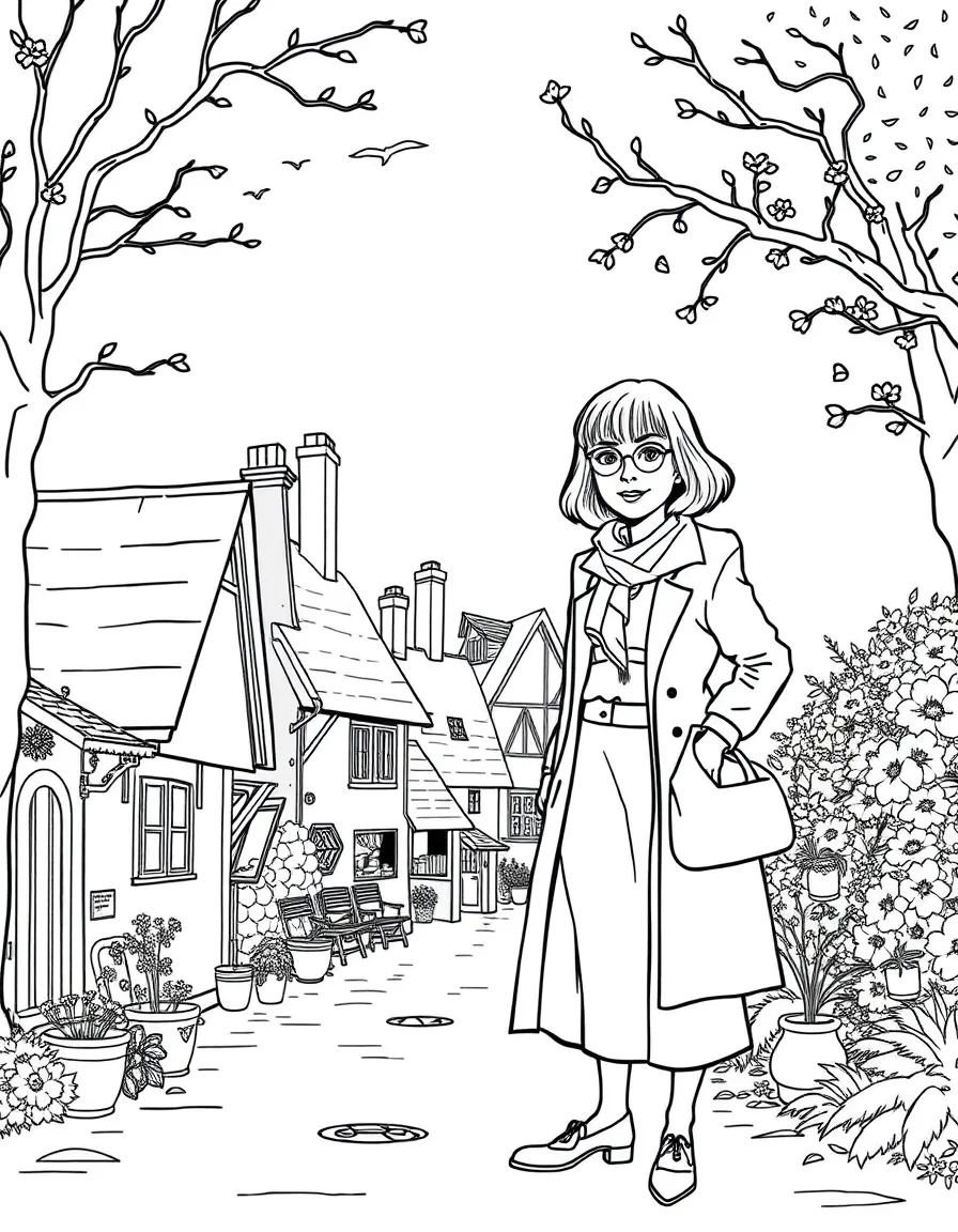Agatha Raisin with her city clothes standing out in a Cotswold village