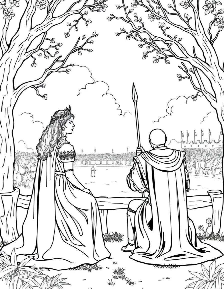 Queen Guinevere watching a jousting tournament with Lancelot competing