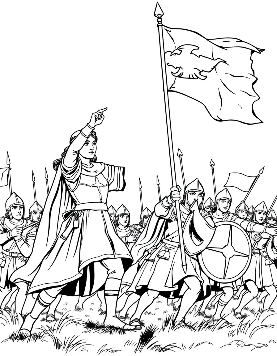 Joan of Arc leading French troops into battle with her banner raised