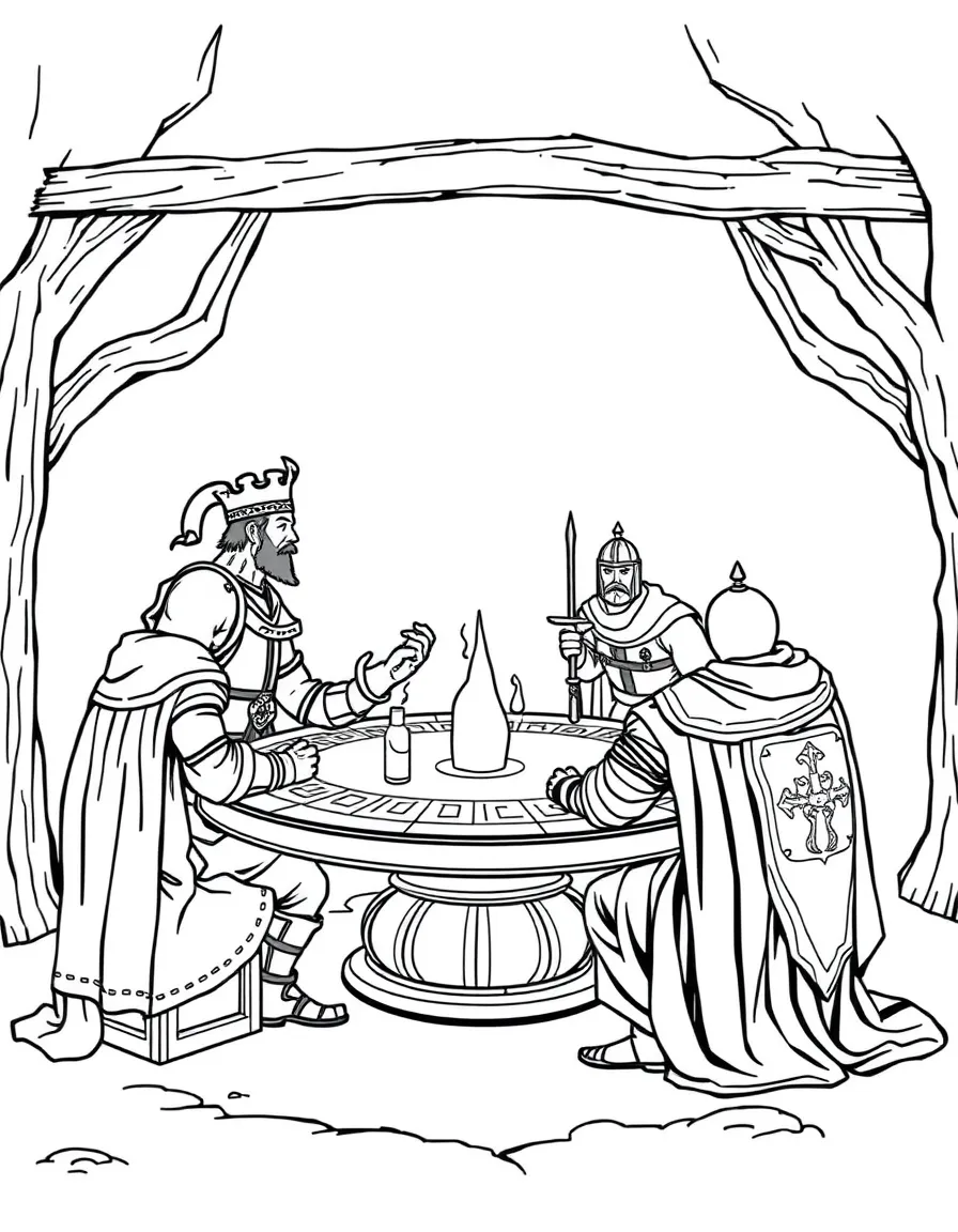 King Arthur and his knights gathered around the Round Table