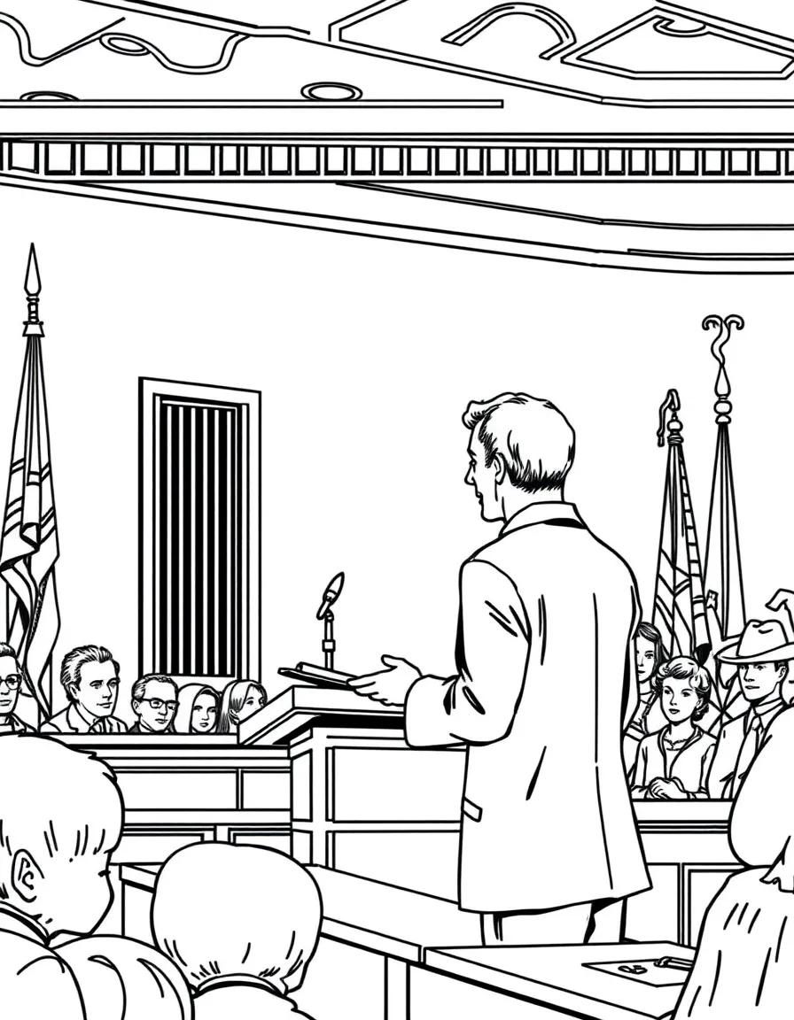 Atticus Finch delivering his closing argument in the courtroom