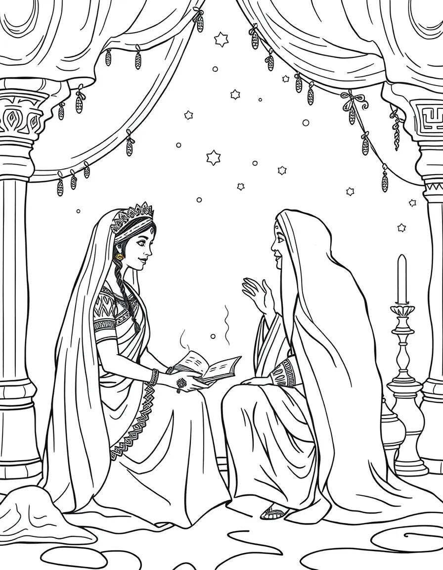 Scheherazade telling stories to the Sultan to save her life