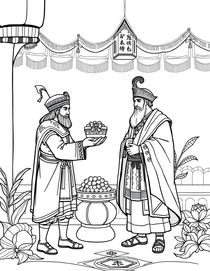 Marco Polo presenting exotic gifts to Kublai Khan
