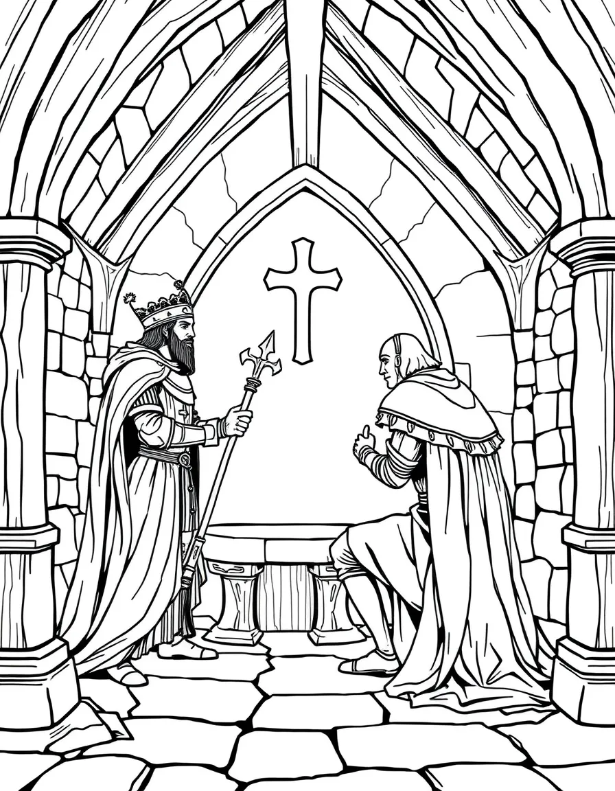 Sir Gawain confronting the Green Knight in the chapel