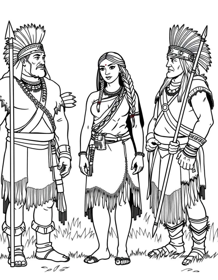 Pocahontas standing between John Smith and her tribal warriors