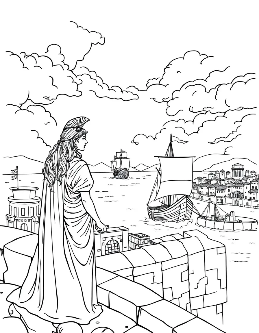 Helen of Troy watching Greek ships arrive from city walls