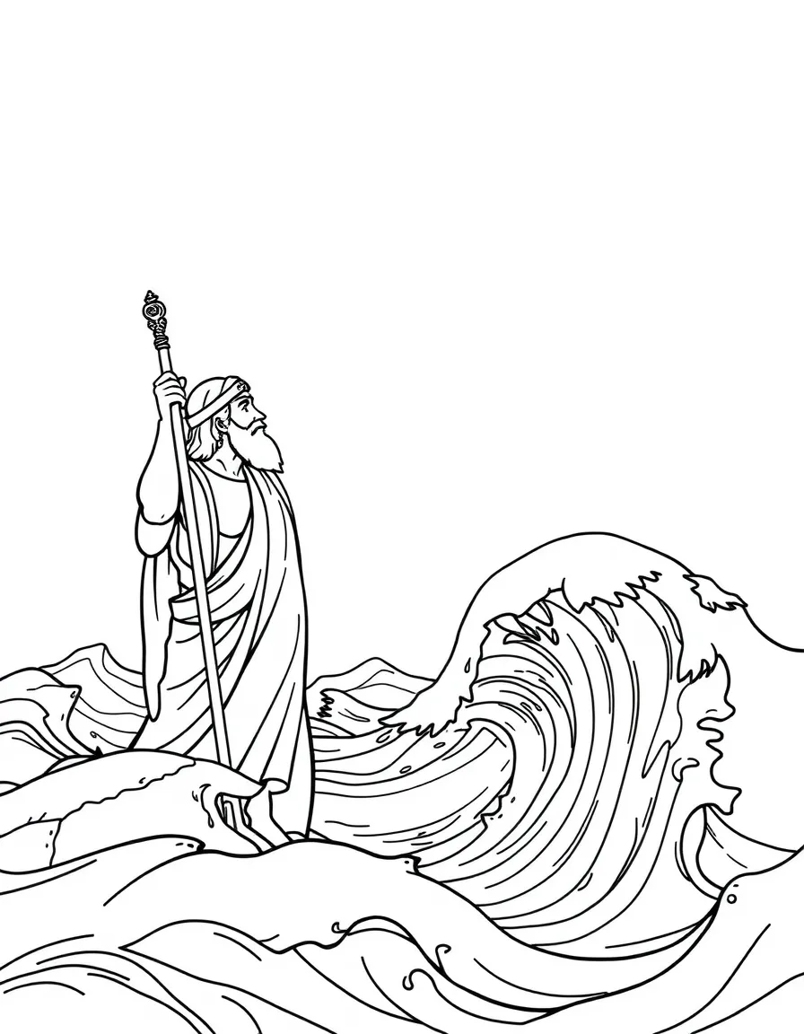 Moses parting the Red Sea with his staff raised
