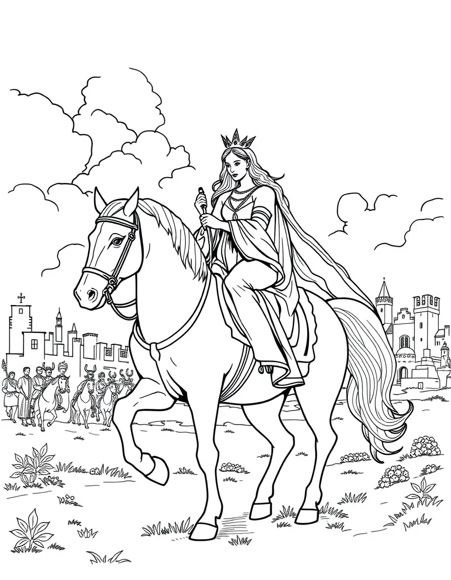Lady Godiva riding through Coventry on horseback