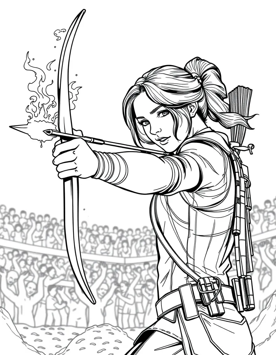 Katniss Everdeen shooting a flaming arrow in the Hunger Games arena