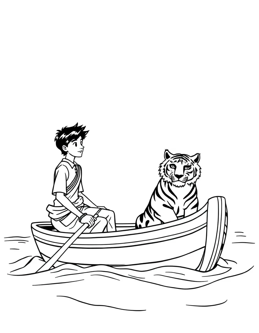 Pi Patel sharing his lifeboat with Richard Parker the tiger