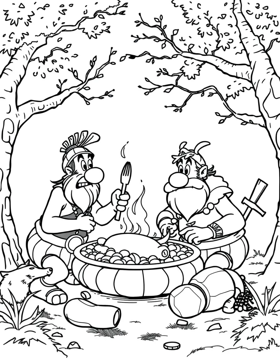 Asterix and Obelix sharing a wild boar feast after defeating Romans