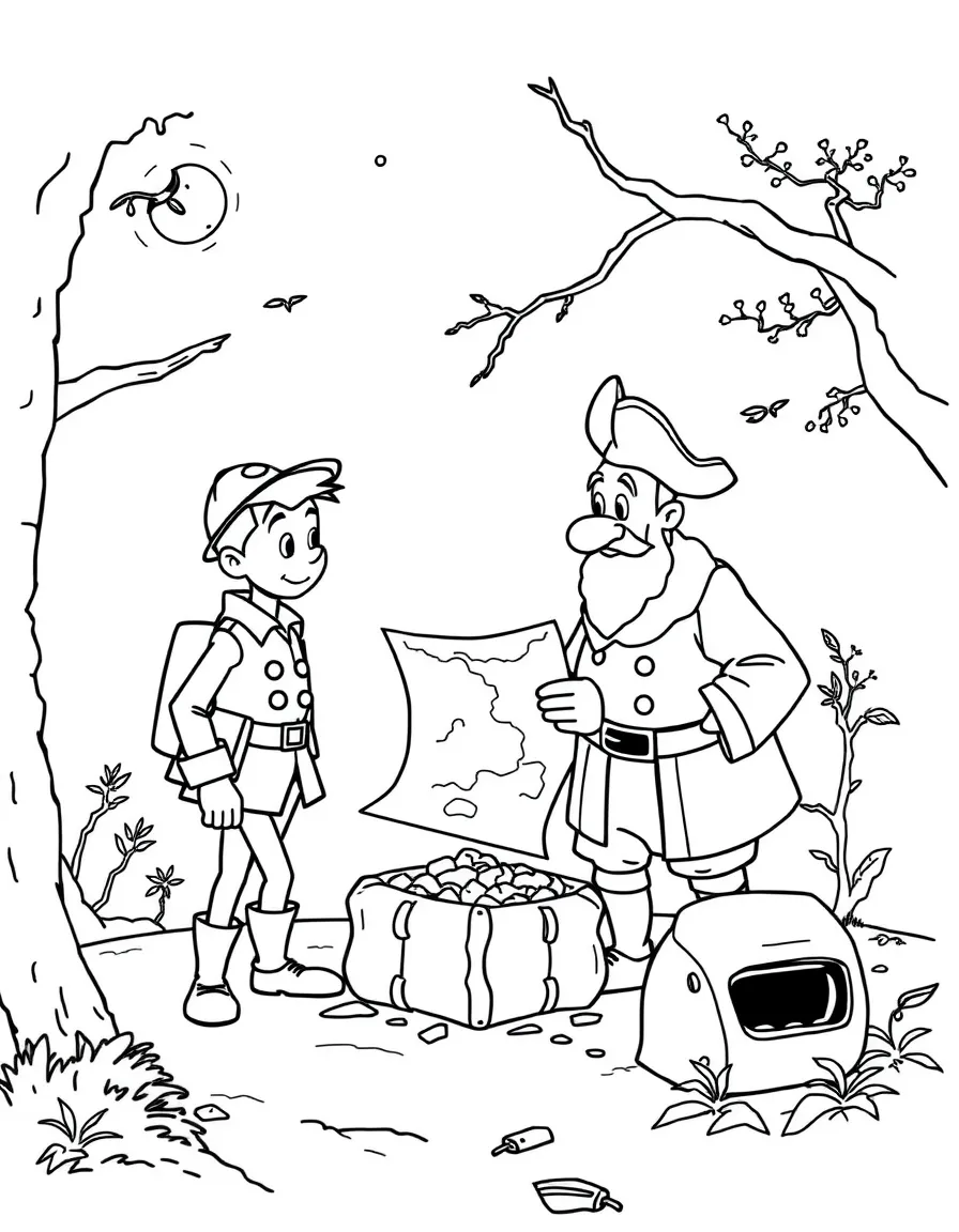 Tintin and Captain Haddock searching for treasure with a map