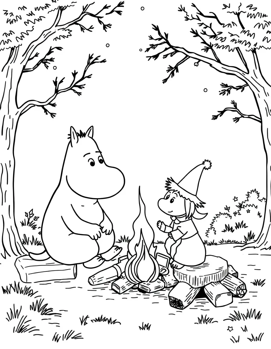 Moomintroll and Snufkin sitting by a campfire in Moominvalley