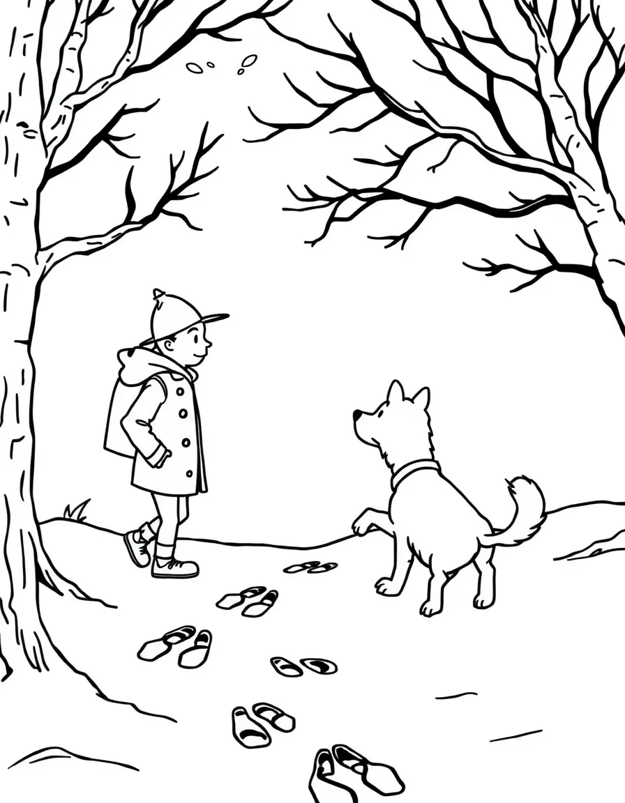 Tintin and Snowy investigating mysterious footprints