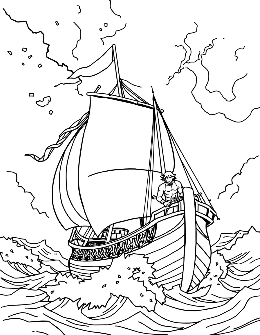 Corto Maltese sailing his ship through a storm
