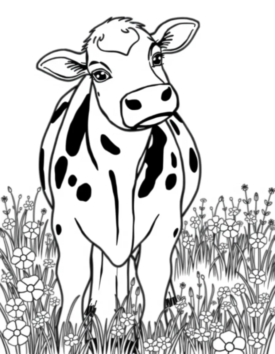 A gentle dairy cow with a spotted coat standing in a flower-filled meadow