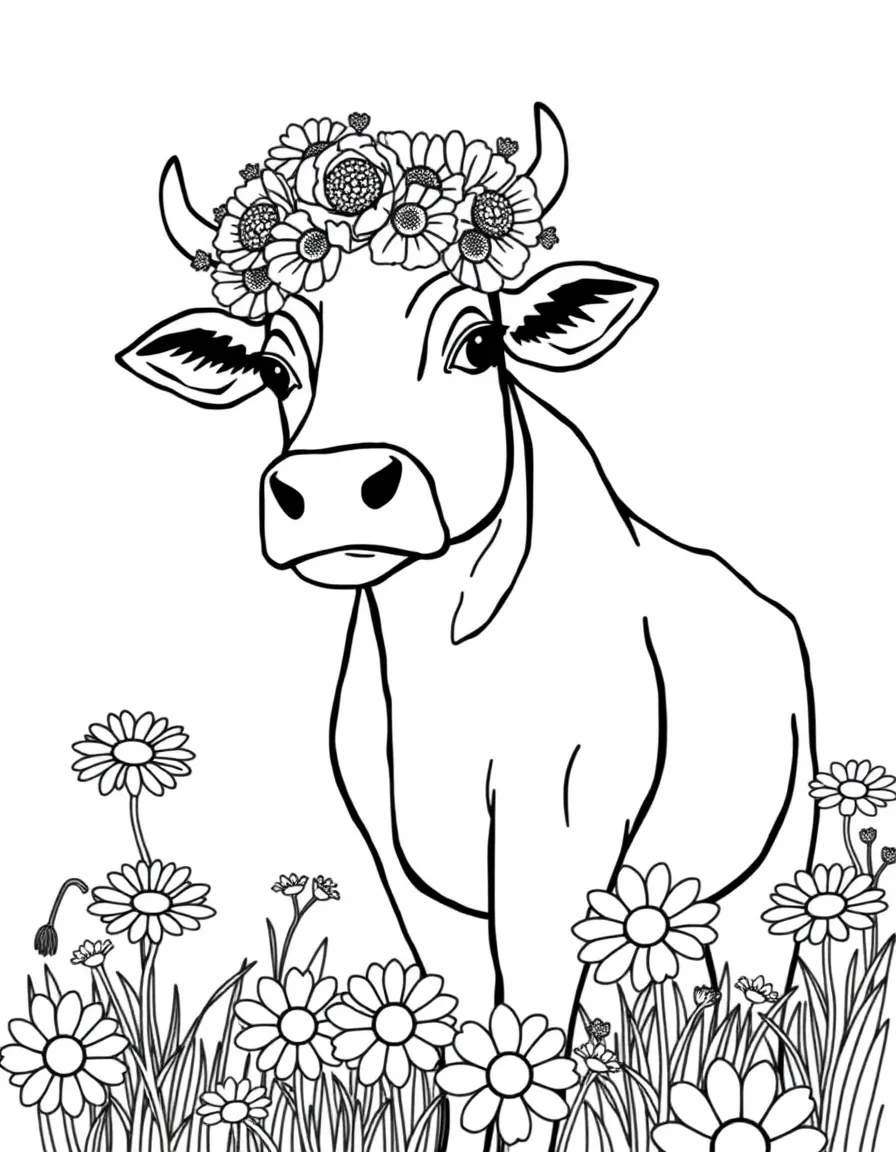A cow wearing a flower crown while standing in a field of daisies