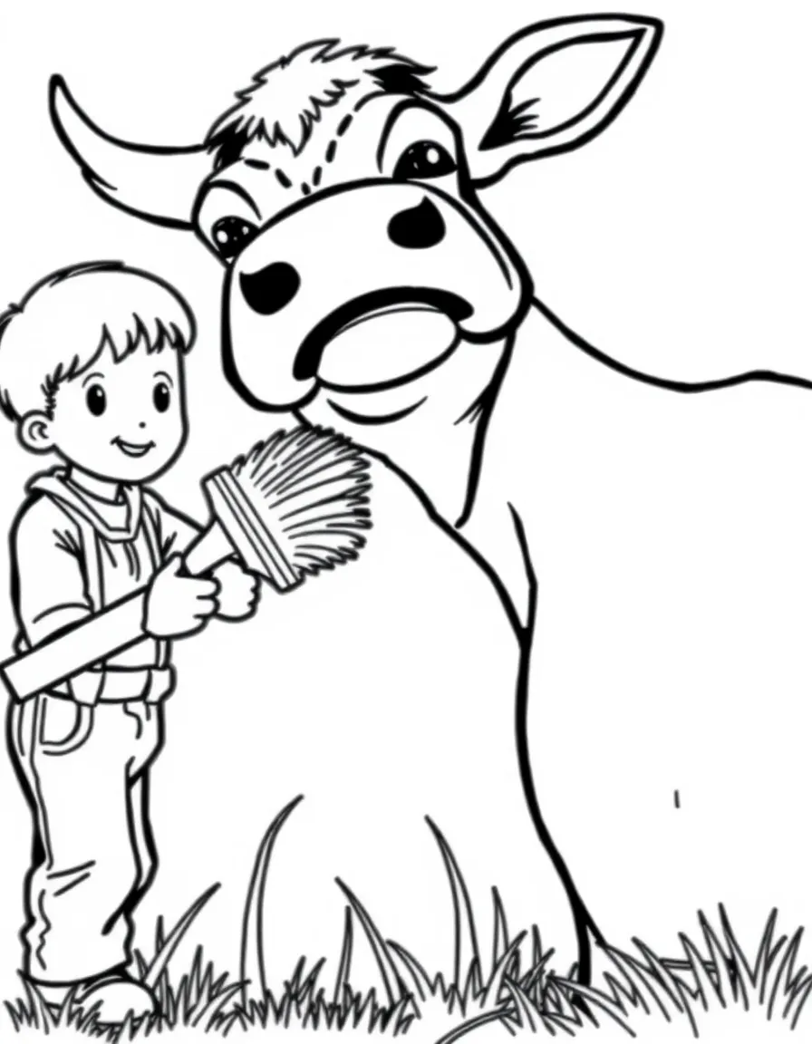 A cow enjoying being brushed by a young farmer with a grooming tool