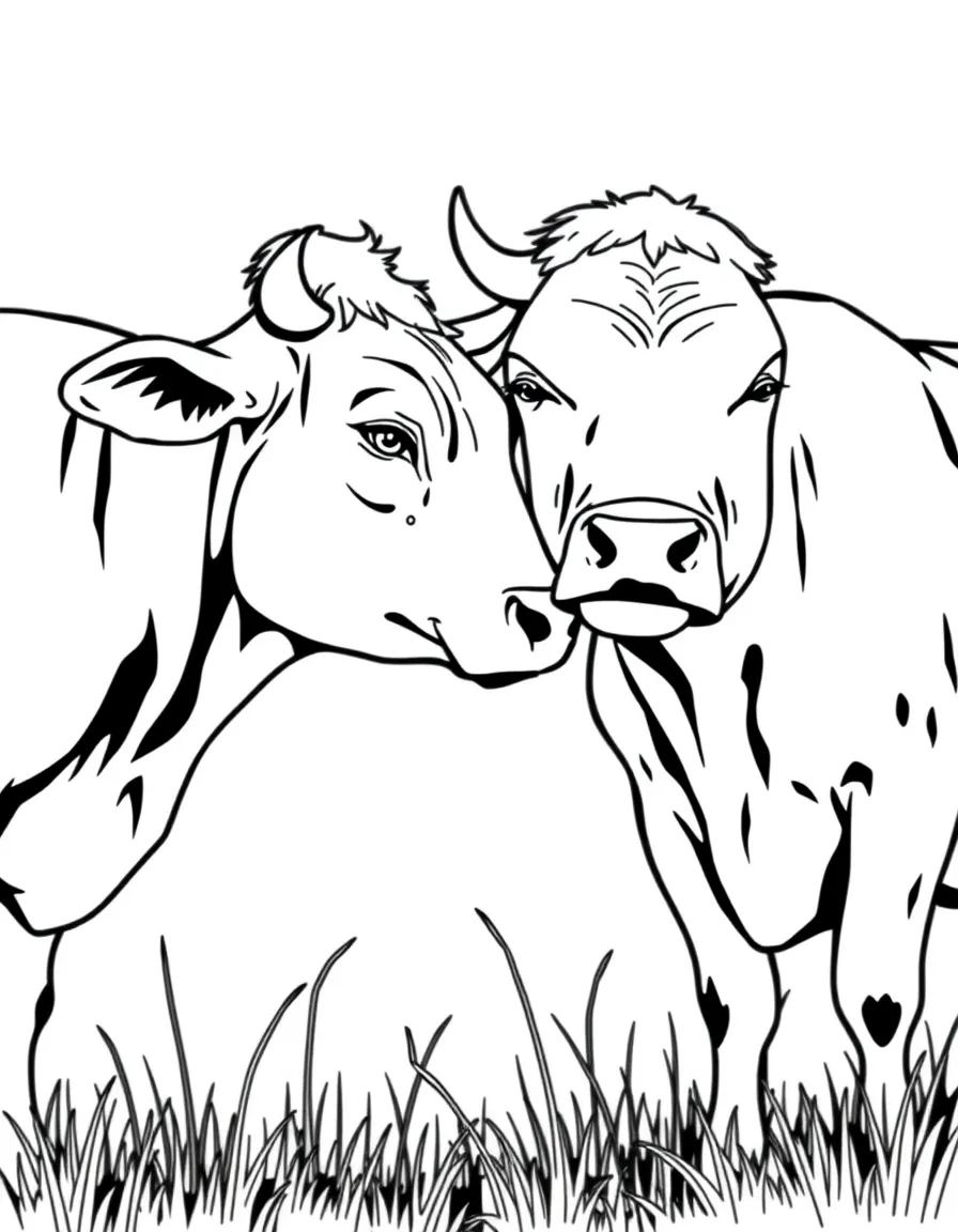 Two cows rubbing heads affectionately in the middle of a pasture