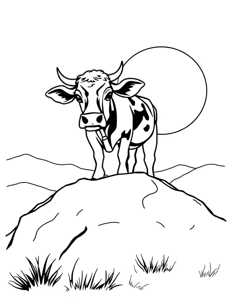 A cow standing majestically on a hilltop against a sunset