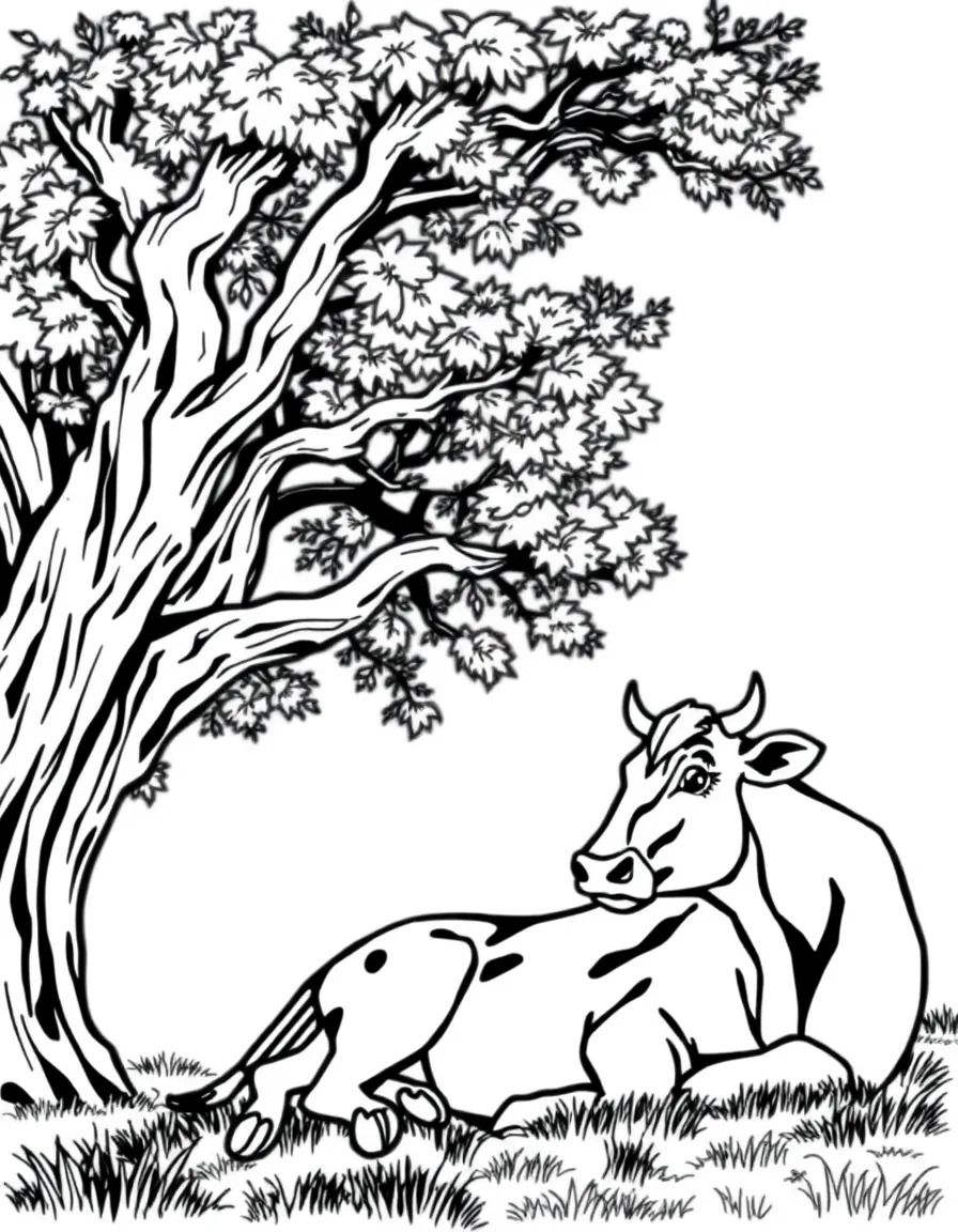 A cow relaxing under the shade of a large oak tree