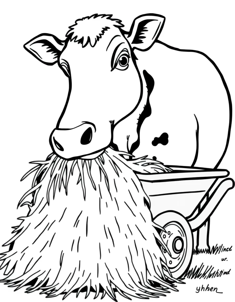 A cow munching on a pile of fresh hay spilling from a wheelbarrow