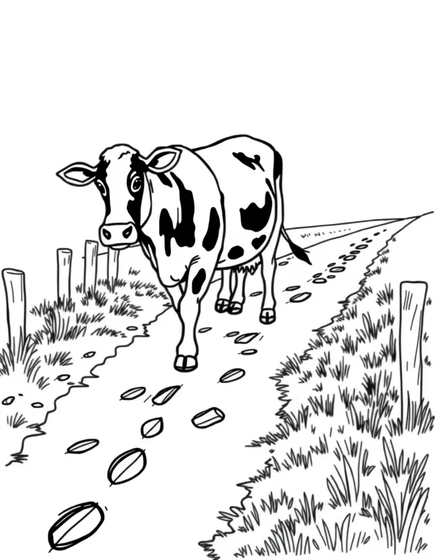 A cow leaving hoof prints along a muddy farm path