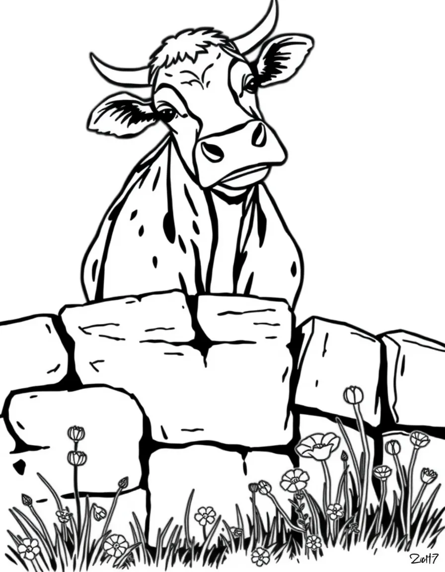 A cow looking over a stone wall with wild flowers growing around it