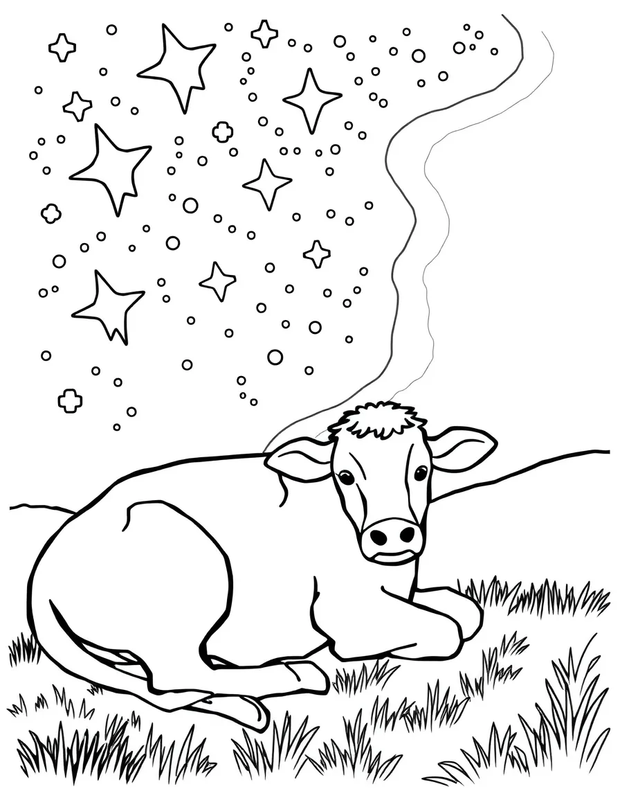 A cow resting peacefully under a starry night sky