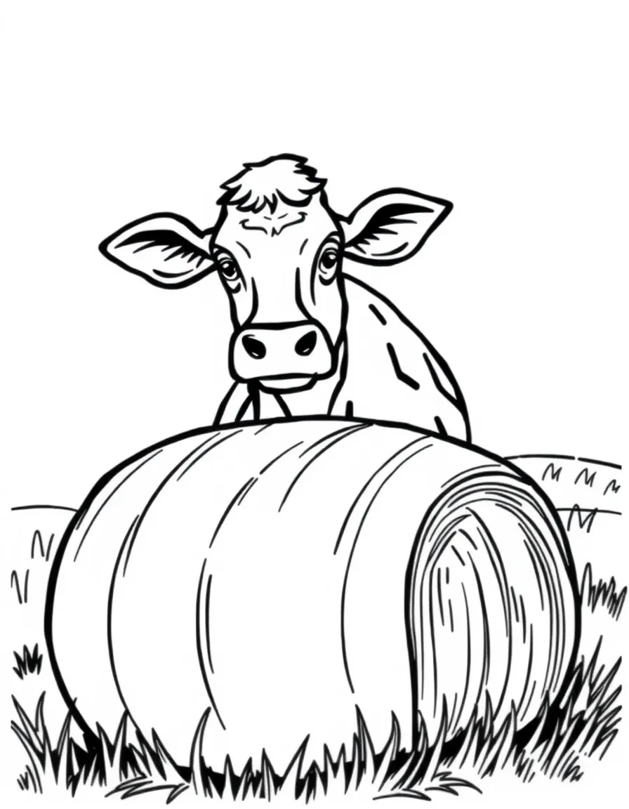 A cow peeking out from behind a large round hay bale