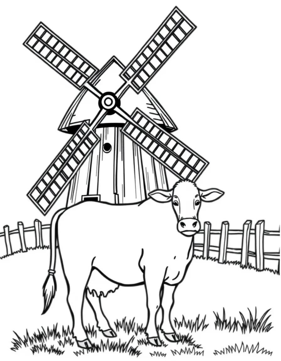 A cow standing in front of an old-fashioned windmill