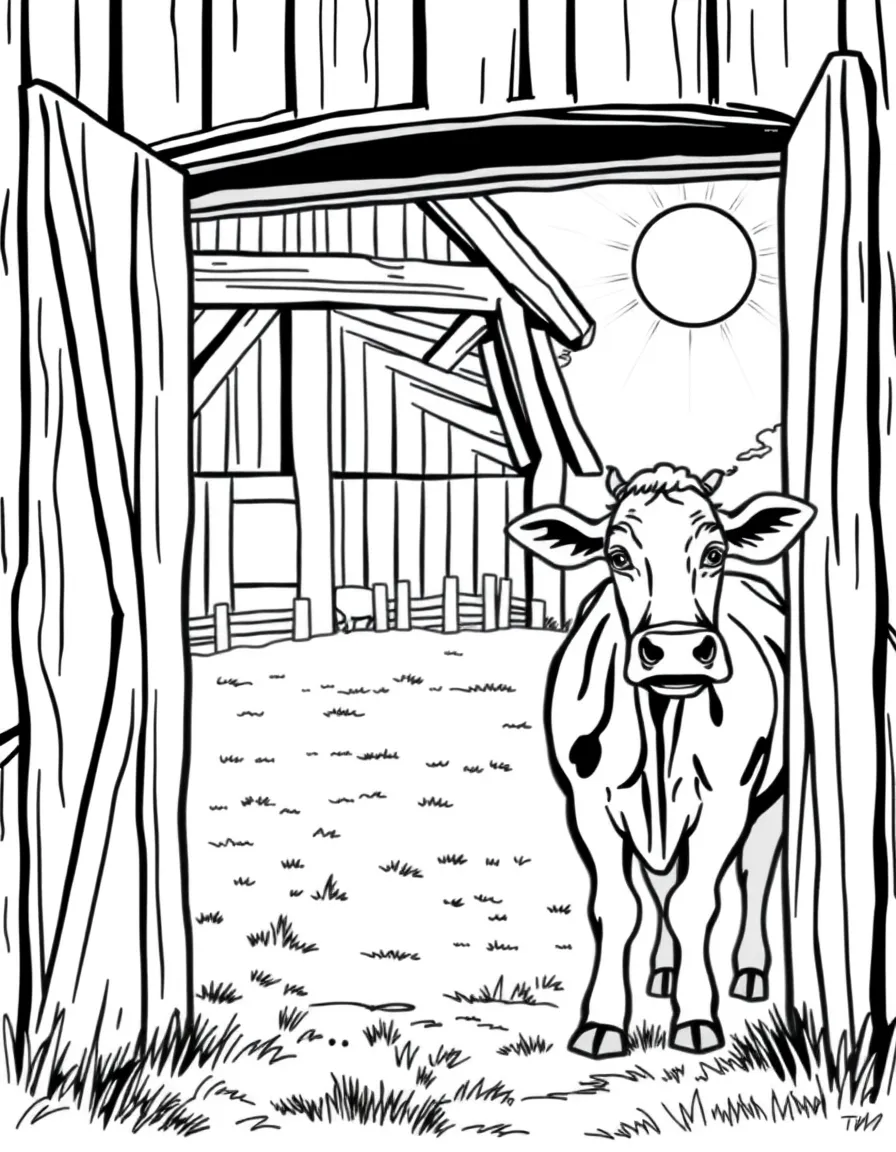 A cow leaving the barn through Dutch doors into a sunny day