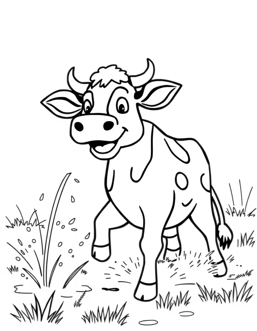 A cow trotting happily through a sprinkler on a hot day