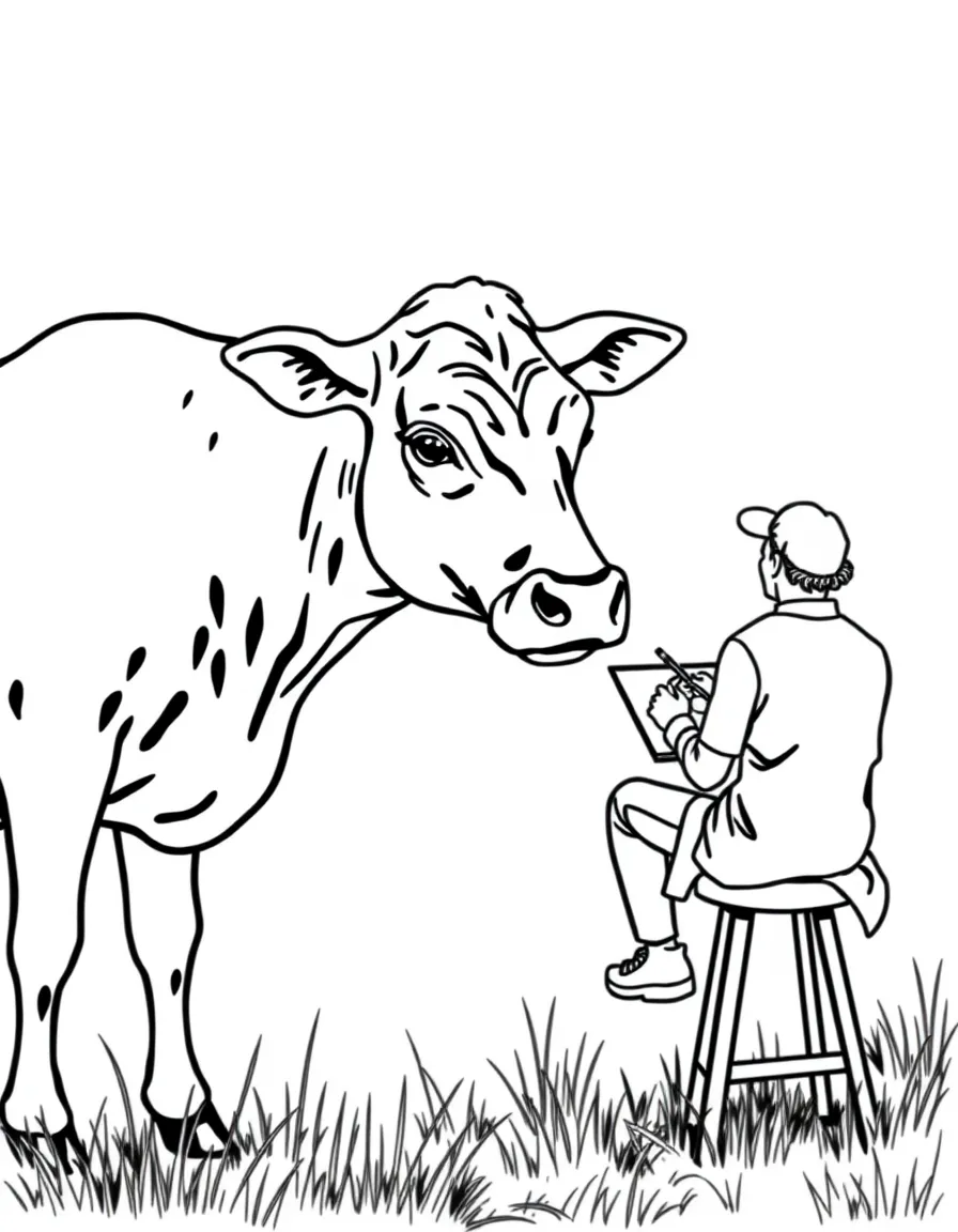 A cow being sketched by an artist sitting on a stool in the field