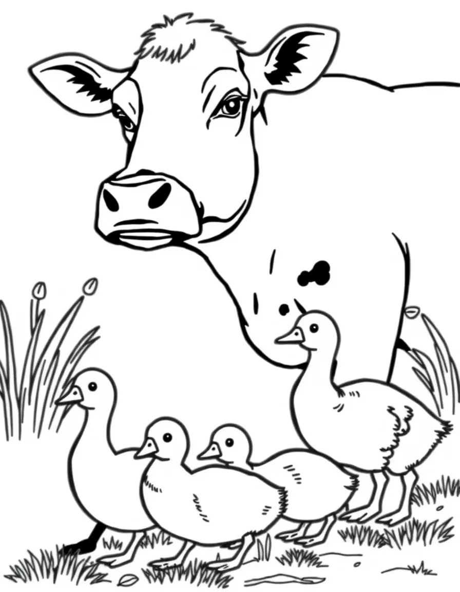 A cow watching ducklings walk by in a neat row