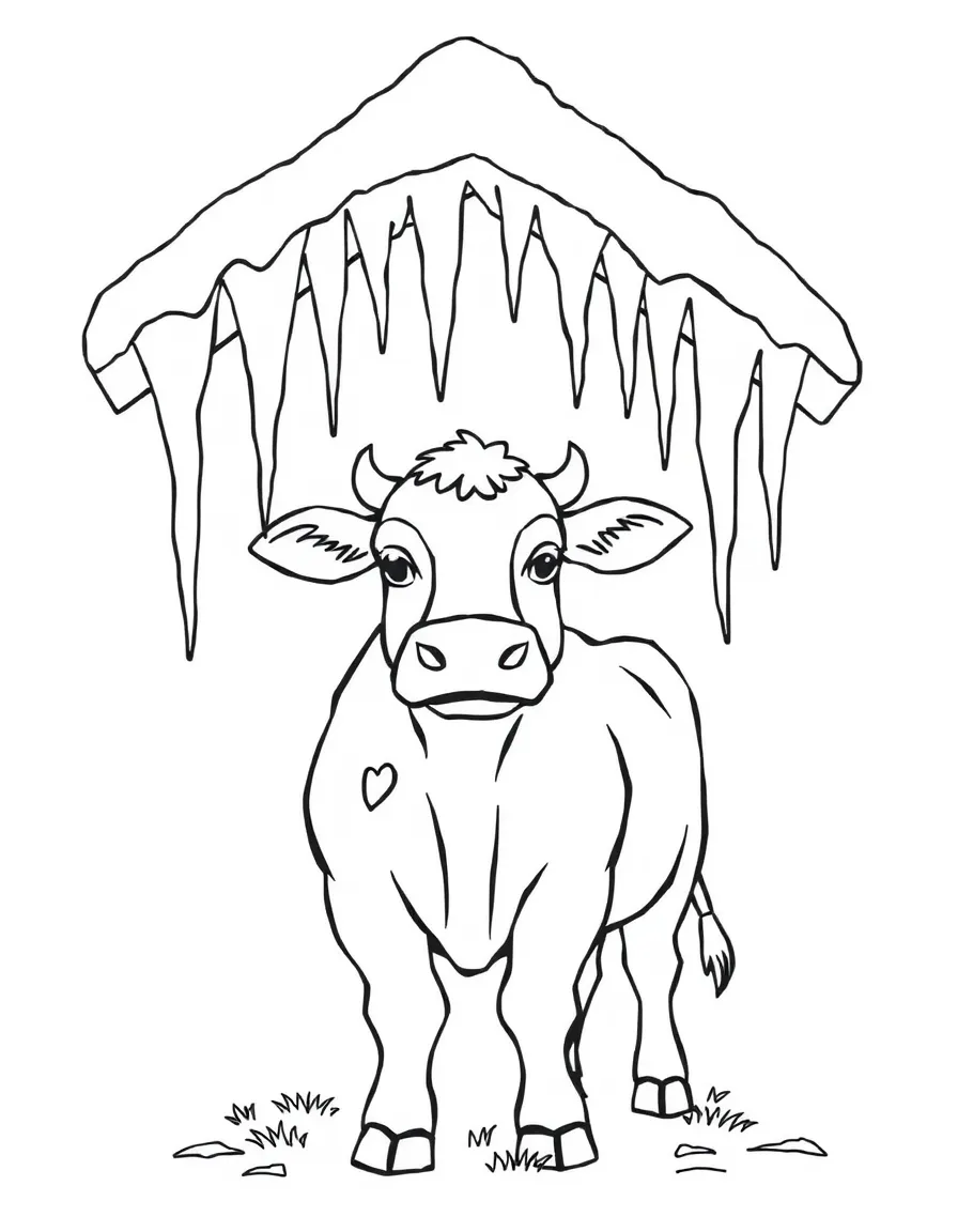 A cow standing beneath icicles hanging from the barn roof