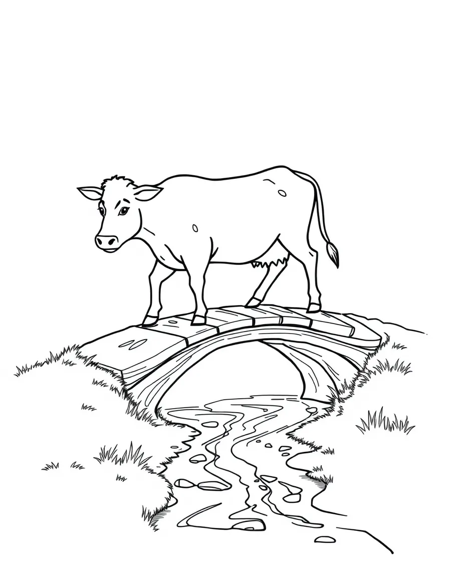 A cow walking over a small wooden bridge crossing a stream