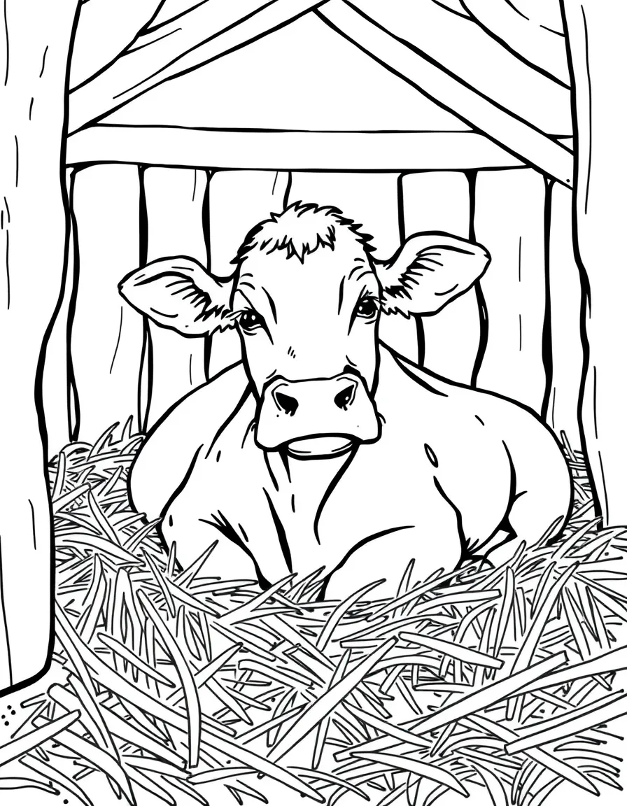 A cow lying in deep straw bedding in a cozy barn