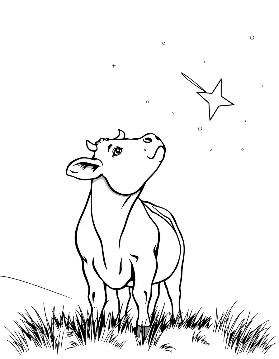 A cow gazing at a shooting star in the night sky