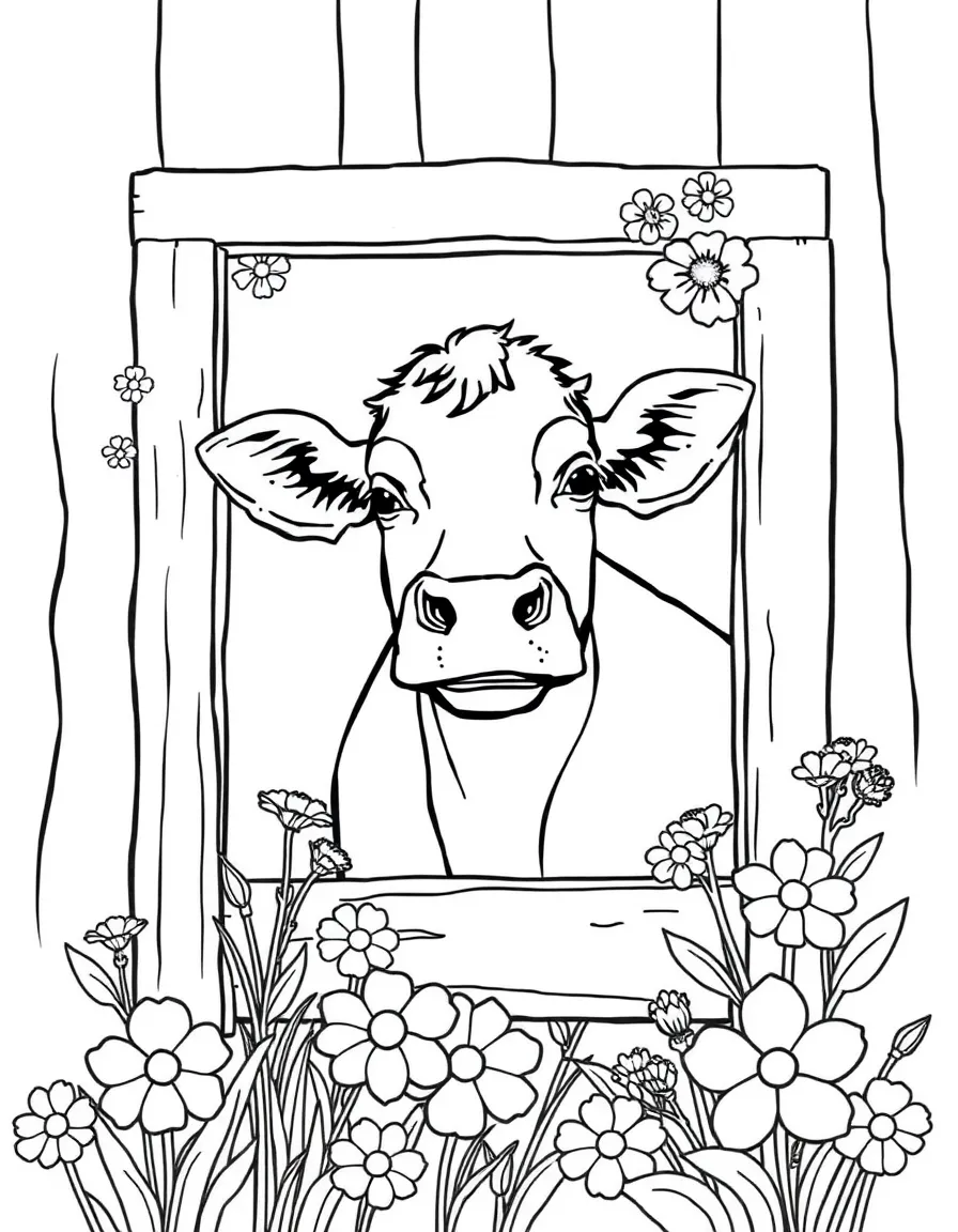 A cow with its head poking out of a barn window framed with flowers