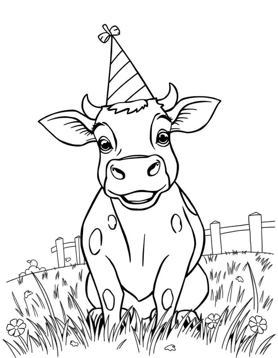 A cow with a birthday hat celebrating at a farm party