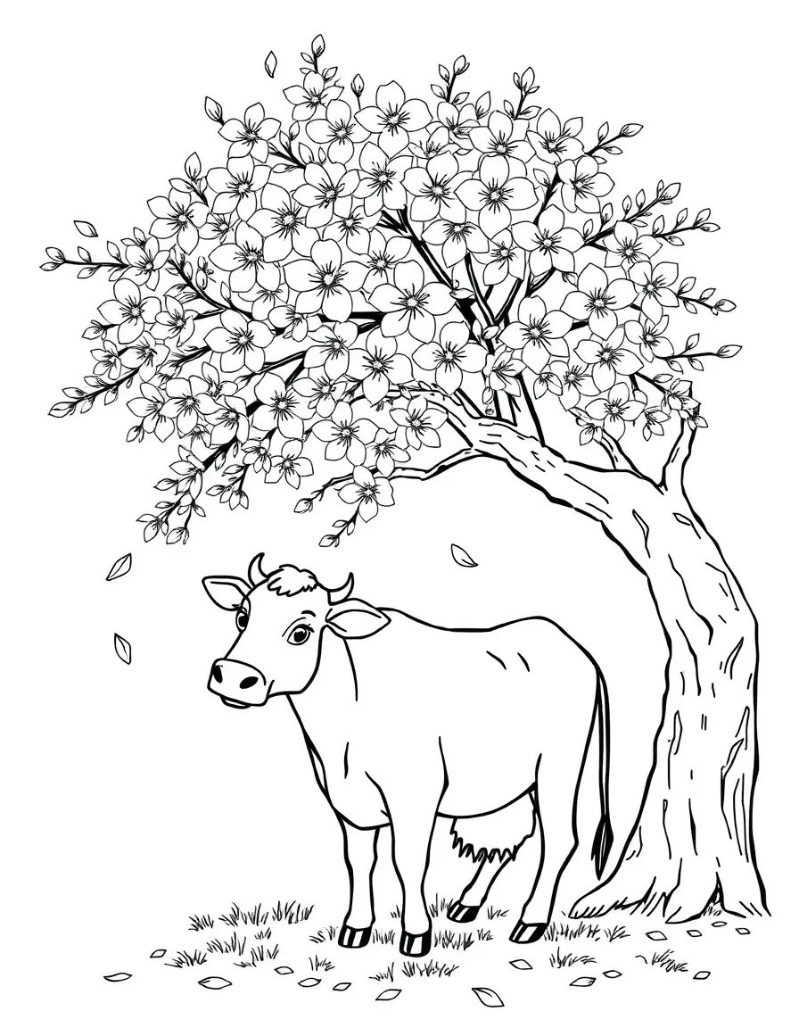 A cow underneath a blossoming cherry tree with petals falling