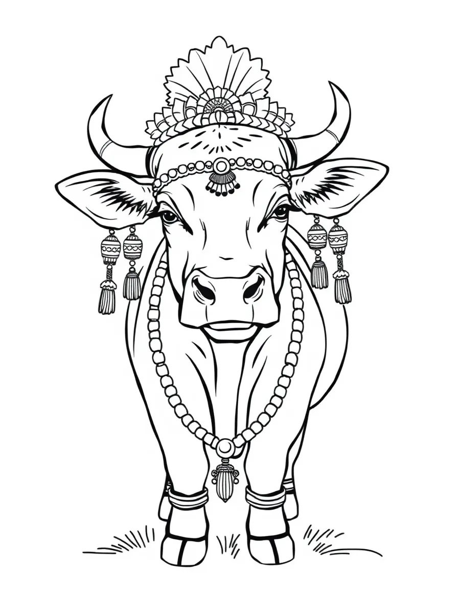 A cow wearing traditional decorations for a cultural celebration