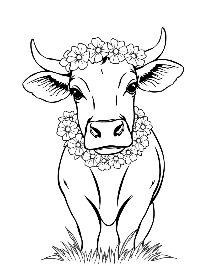 A cow with a garland of flowers around its neck