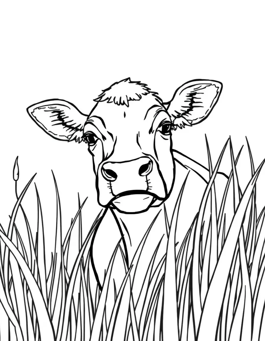 A cow's face peeking through tall grass