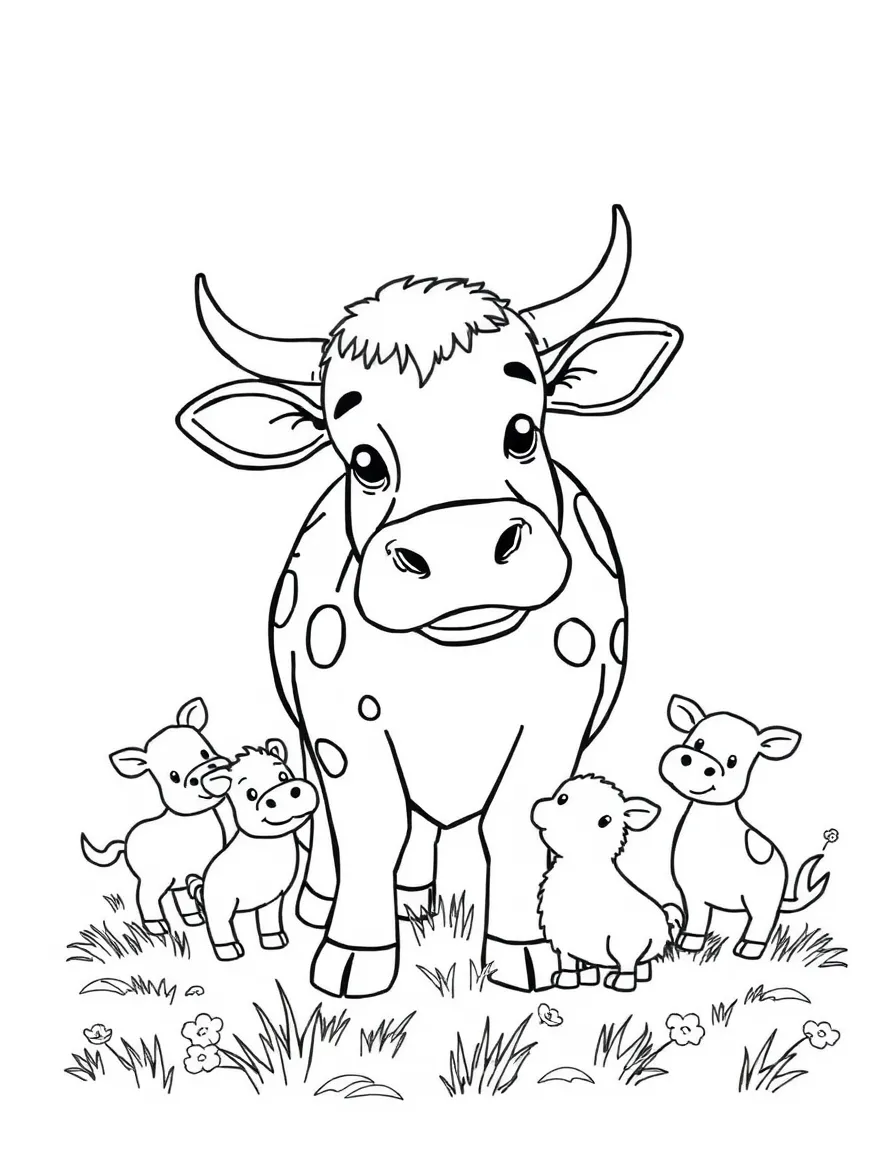 A cow with farmyard friends gathered around it