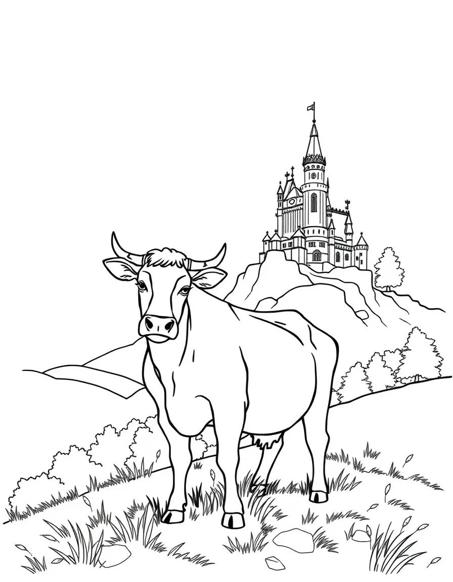 A cow on a hillside with a castle in the distance