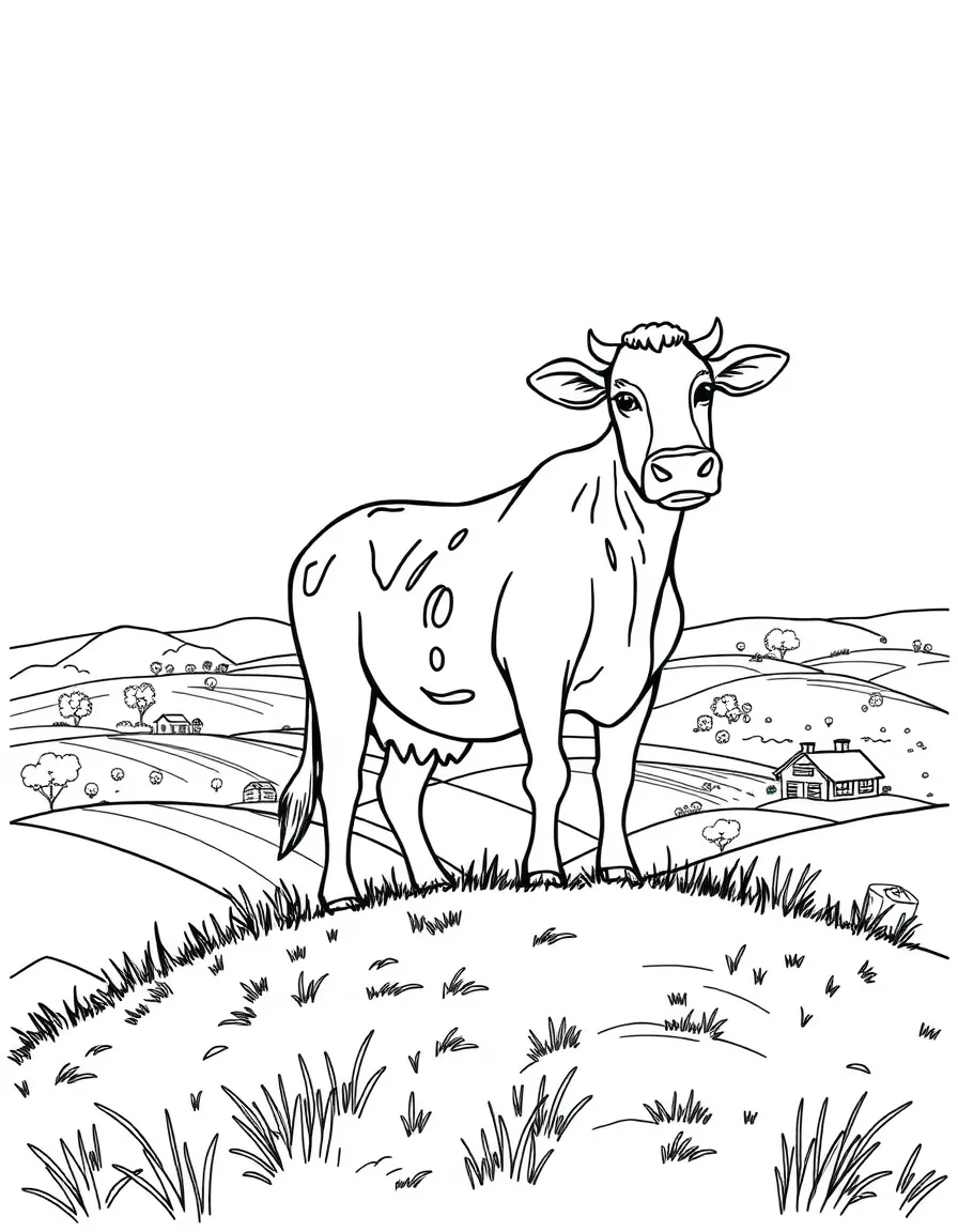 A cow standing on a hill overlooking the entire farm