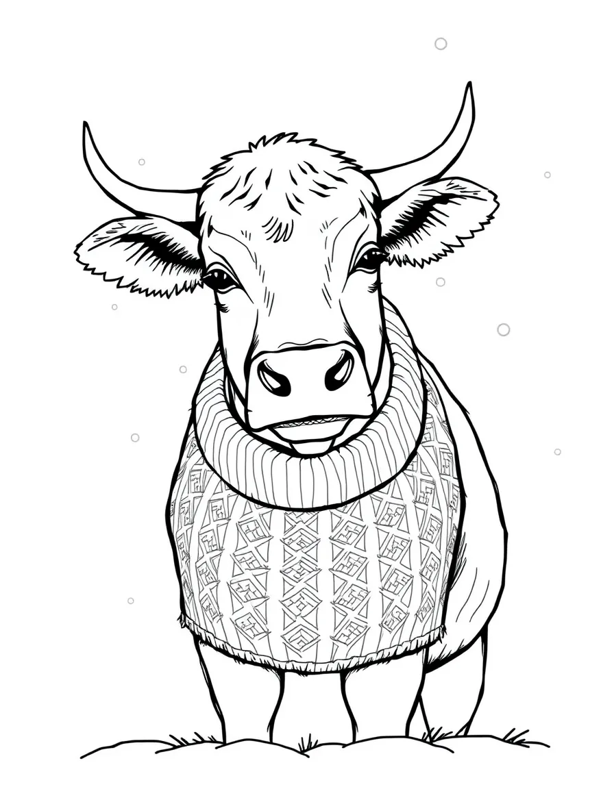 A cow wearing a handknitted sweater in winter
