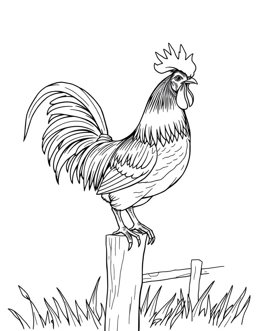 A rooster with elaborate tail feathers perched on a fence post at dawn